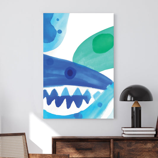 Watercolour wall art of a stylized blue shark with green abstract splashes.
