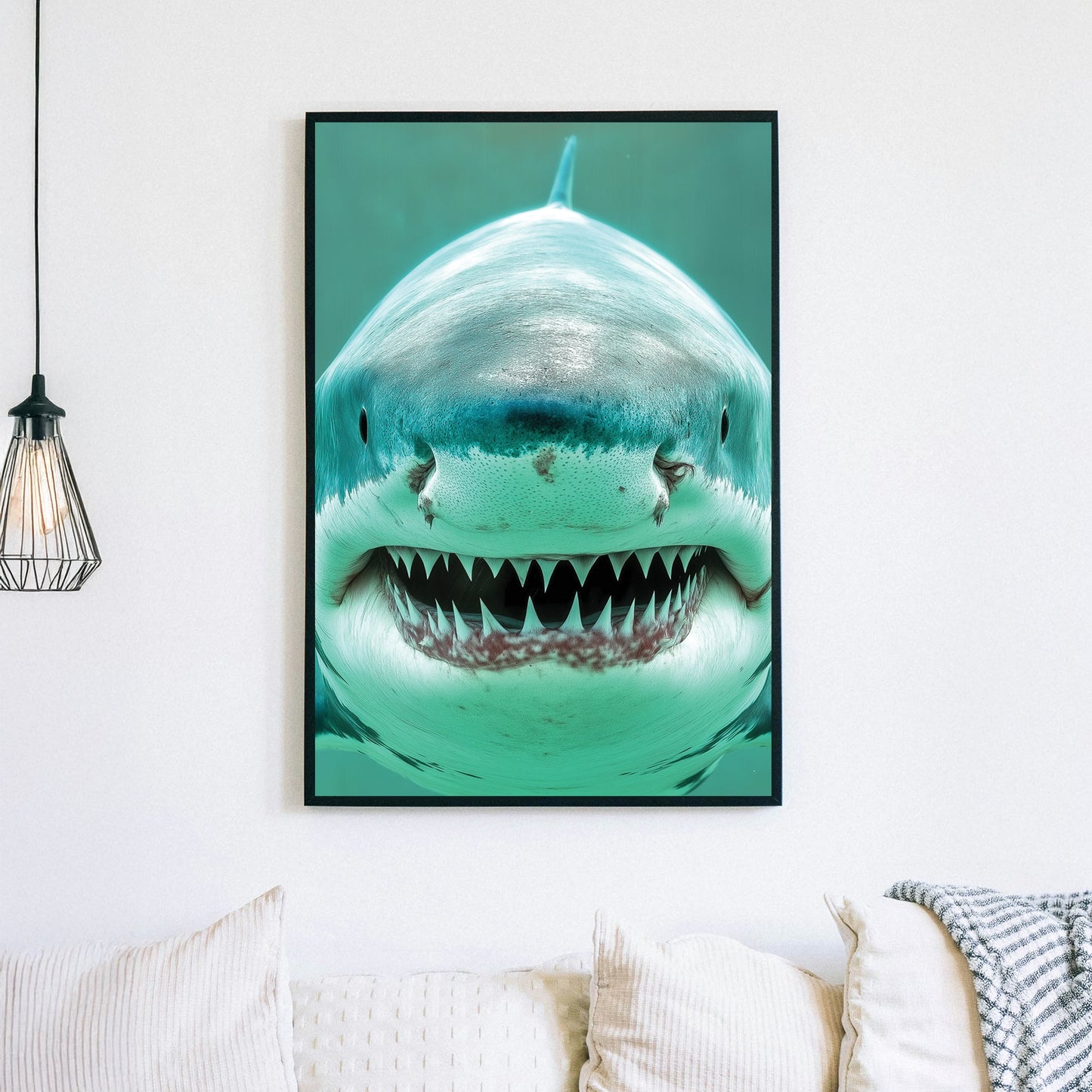 Close-up digital artwork of a great white shark with a menacing grin, highlighting its sharp teeth and deep blue ocean hues.