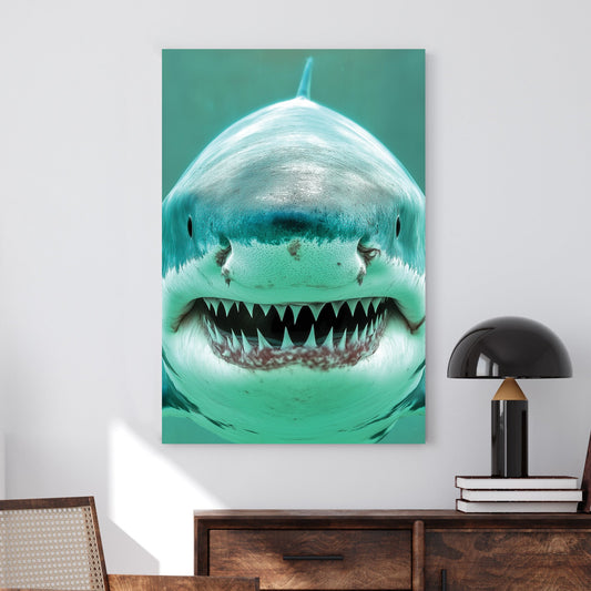 Close-up digital artwork of a great white shark with a menacing grin, highlighting its sharp teeth and deep blue ocean hues.