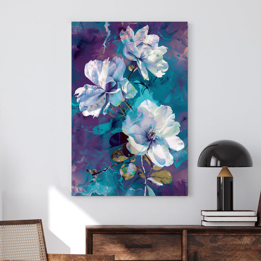 Abstract floral artwork featuring white and blue flowers against a swirling background of deep purples and teal blues.