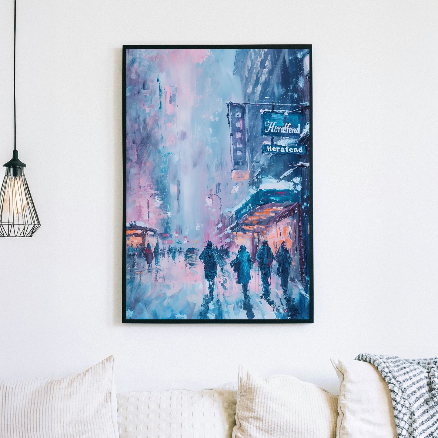 Impressionist wall art of people walking through a snowy city street with neon signs and glowing storefronts.