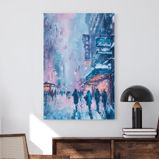 Impressionist wall art of people walking through a snowy city street with neon signs and glowing storefronts.