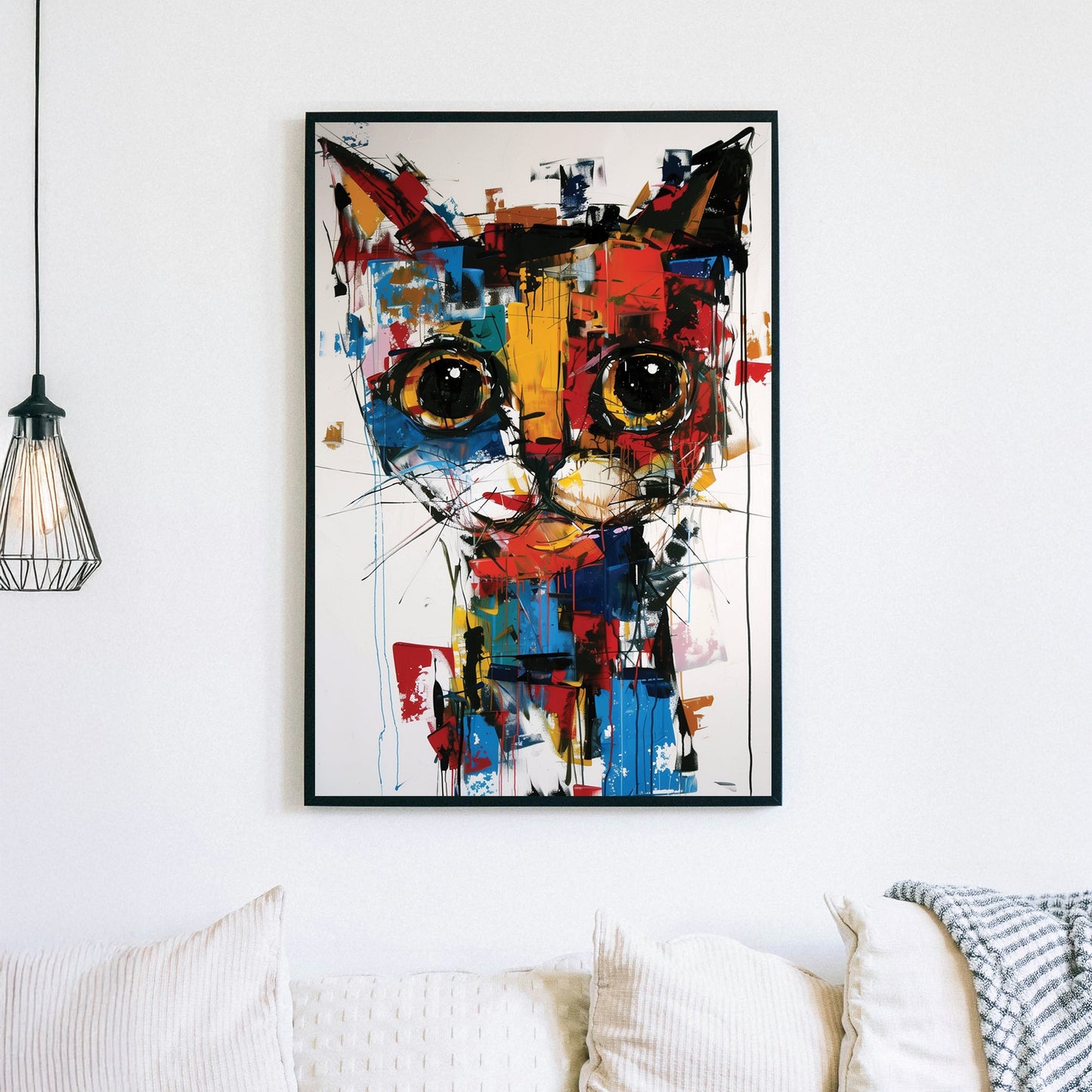 Abstract graffiti-style wall art of a cat with bold colours and expressive brushstrokes.