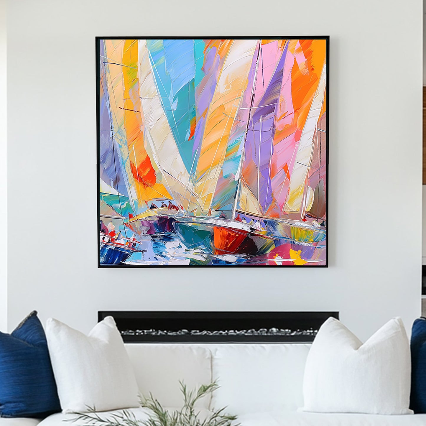 Abstract impressionist wall art of sailboats in a regatta with bold, vibrant colours and dynamic brushstrokes.