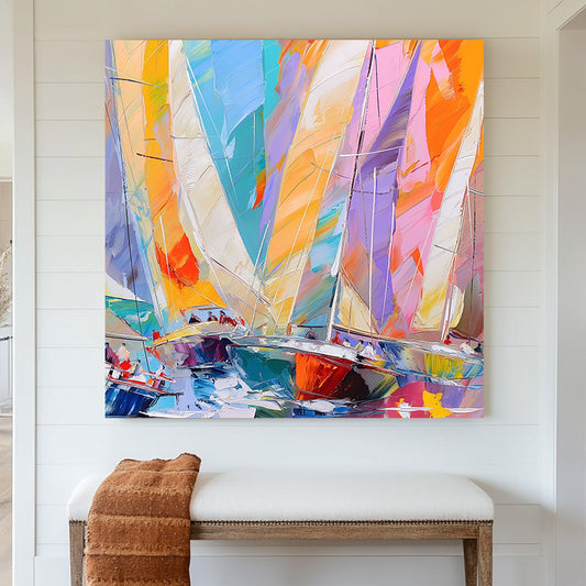 Abstract impressionist wall art of sailboats in a regatta with bold, vibrant colours and dynamic brushstrokes.