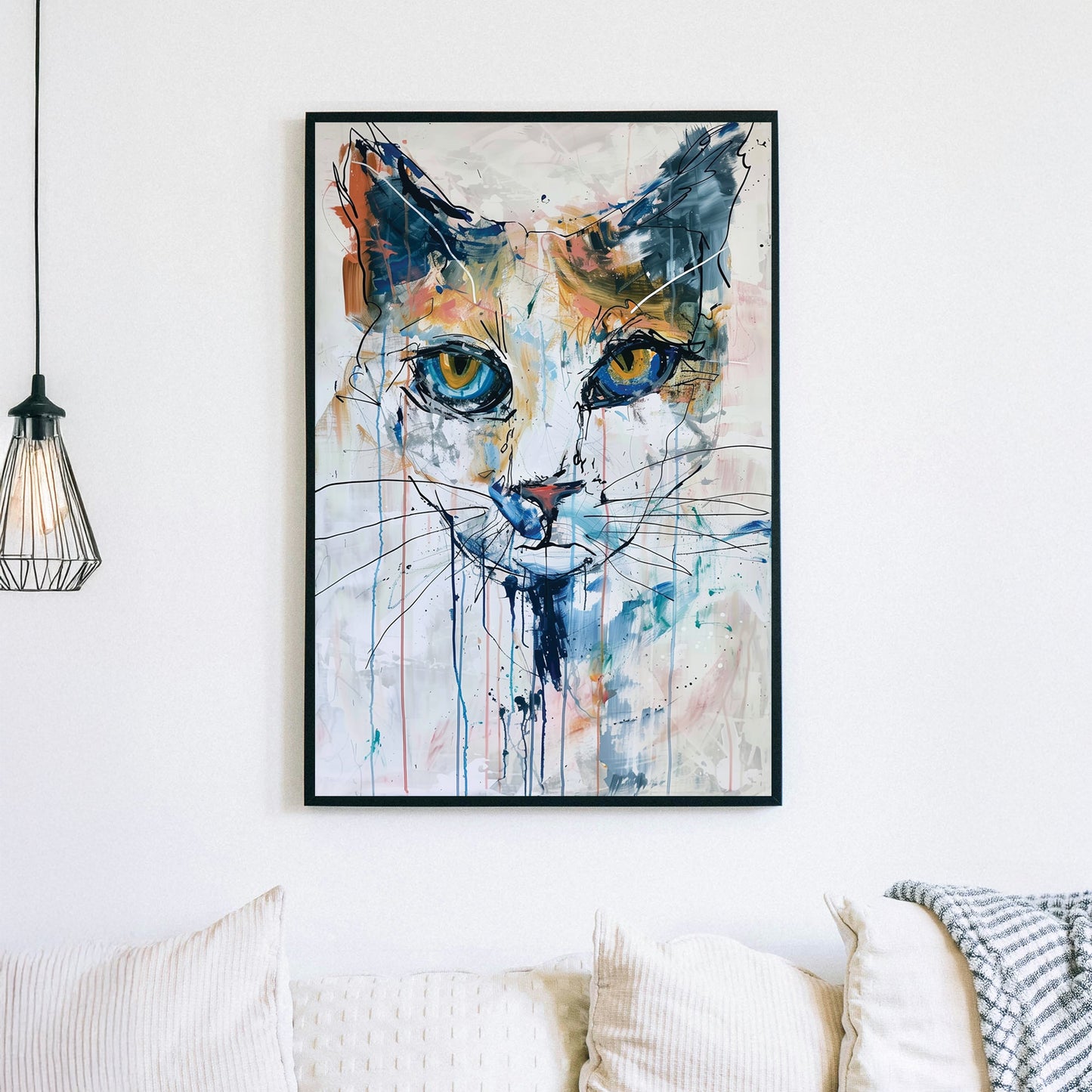 Abstract mixed-media cat portrait with piercing golden eyes, expressive drips, and bold brushstrokes in blue, tan, and orange.