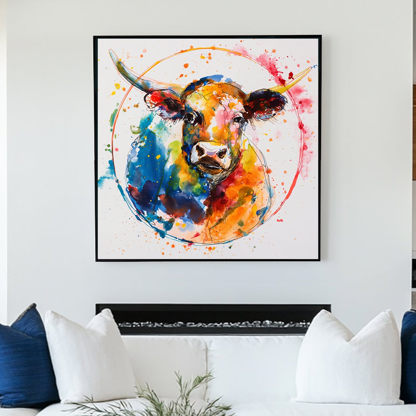 Colourful abstract watercolour wall art of a bull with splattered paint effects in blue, orange, red, and yellow.