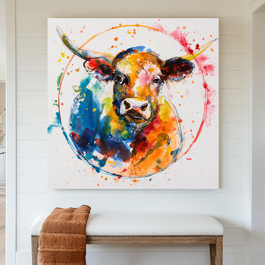Colourful abstract watercolour wall art of a bull with splattered paint effects in blue, orange, red, and yellow.