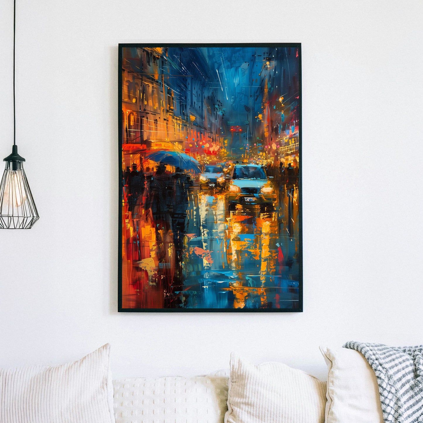 Abstract impressionist wall art of a rainy city night with neon lights reflecting off wet streets.