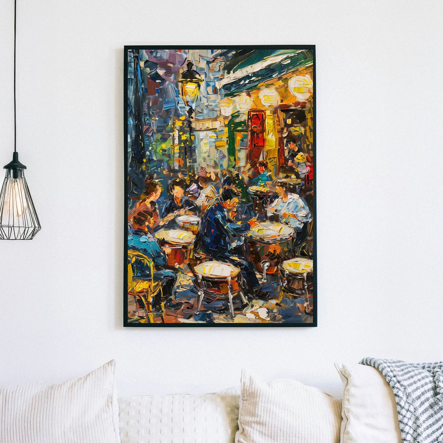 Impressionist wall art of a lively Parisian café scene at dusk, with people enjoying coffee under warm lights.