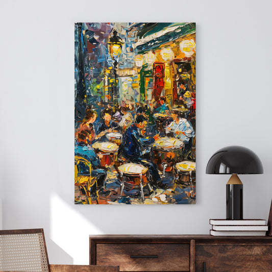 Impressionist wall art of a lively Parisian café scene at dusk, with people enjoying coffee under warm lights.