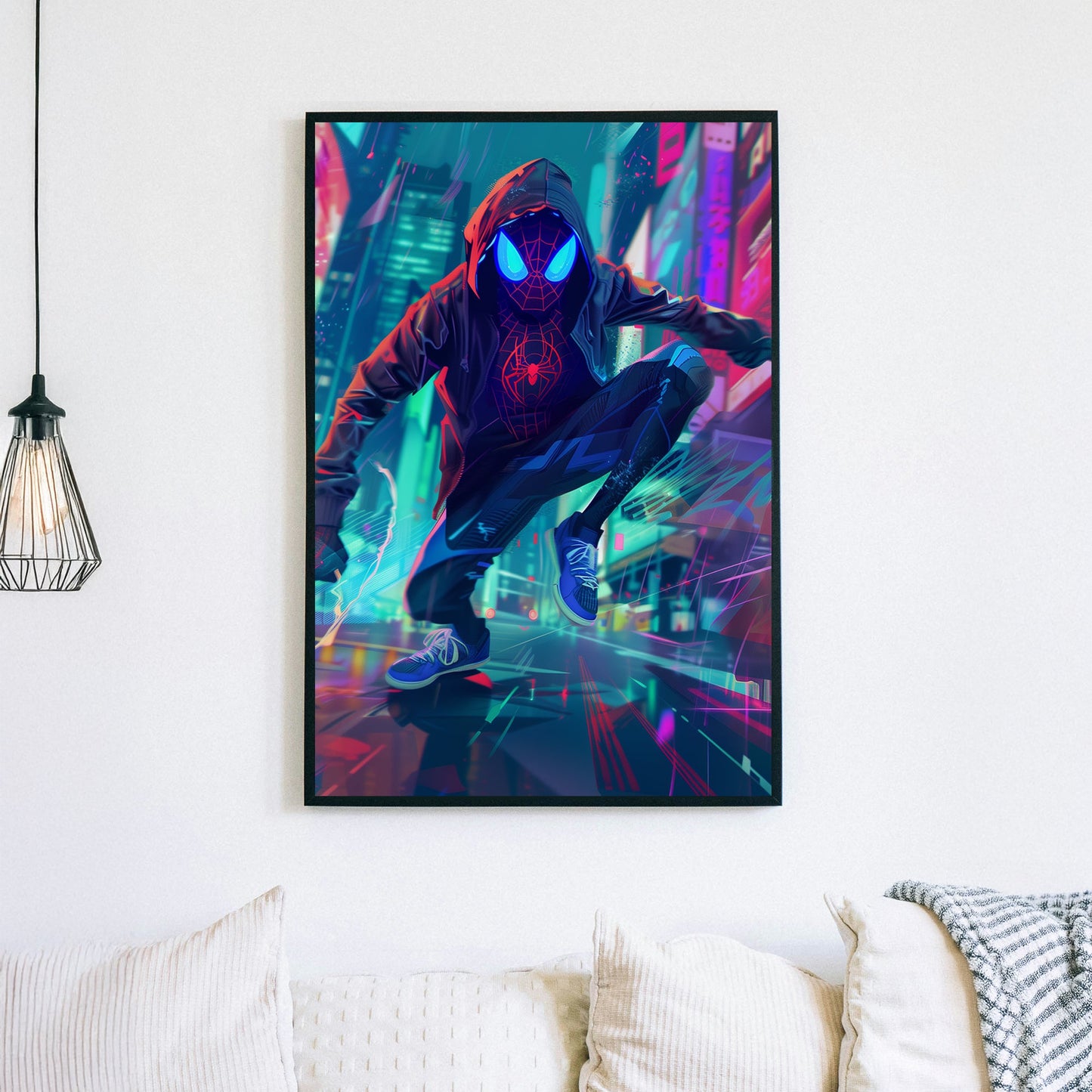 Cyberpunk-inspired artwork of Spiderman in a neon-lit city, crouching with electricity sparking around.