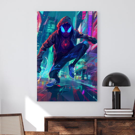 Cyberpunk-inspired artwork of Spiderman in a neon-lit city, crouching with electricity sparking around.