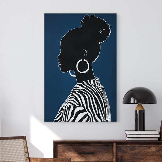 Minimalist black and white silhouette of a woman with hoop earrings and zebra-print clothing on a deep navy background.