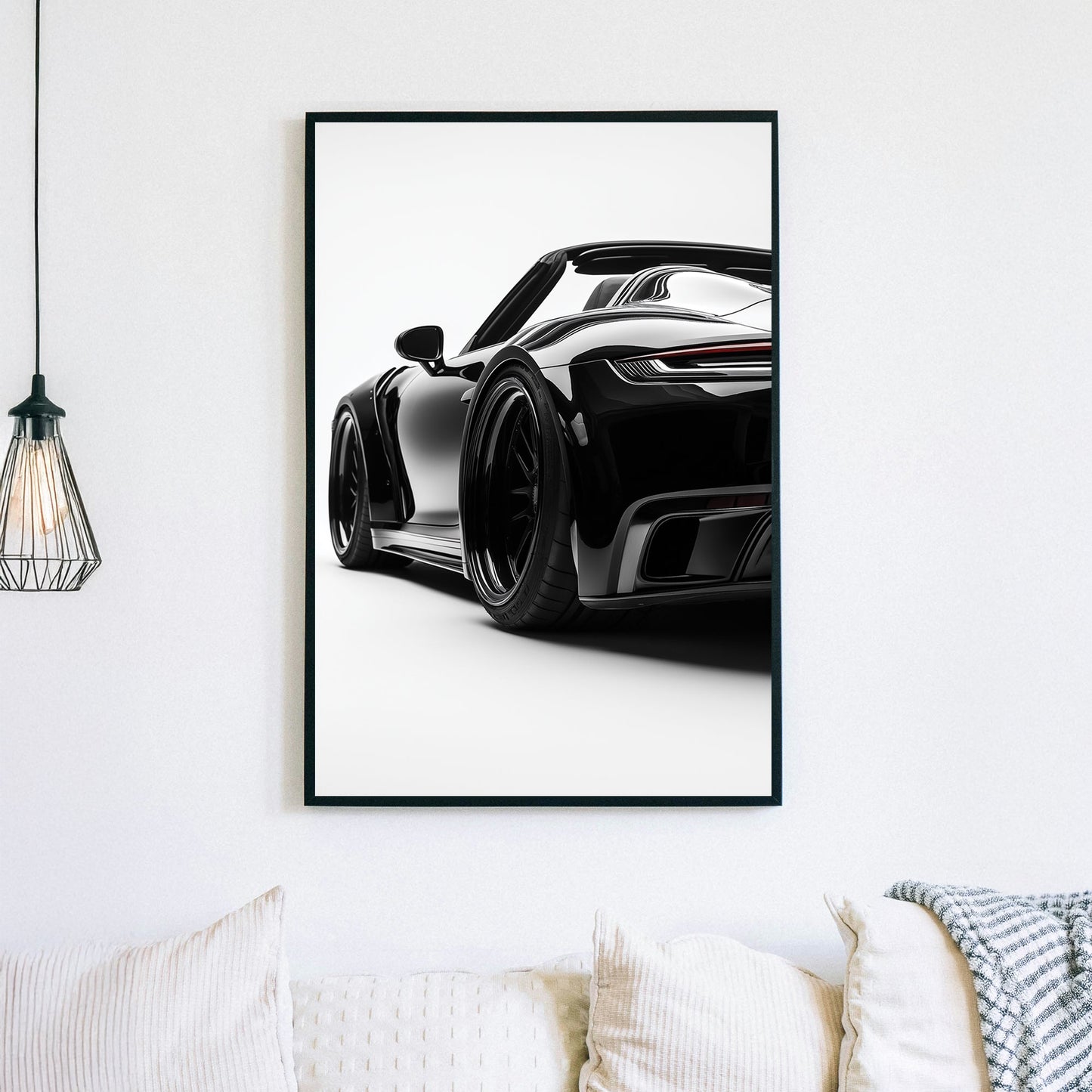 Minimalist high-contrast artwork of a black sports car with a glossy finish against a white background.