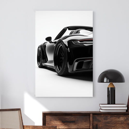 Minimalist high-contrast artwork of a black sports car with a glossy finish against a white background.