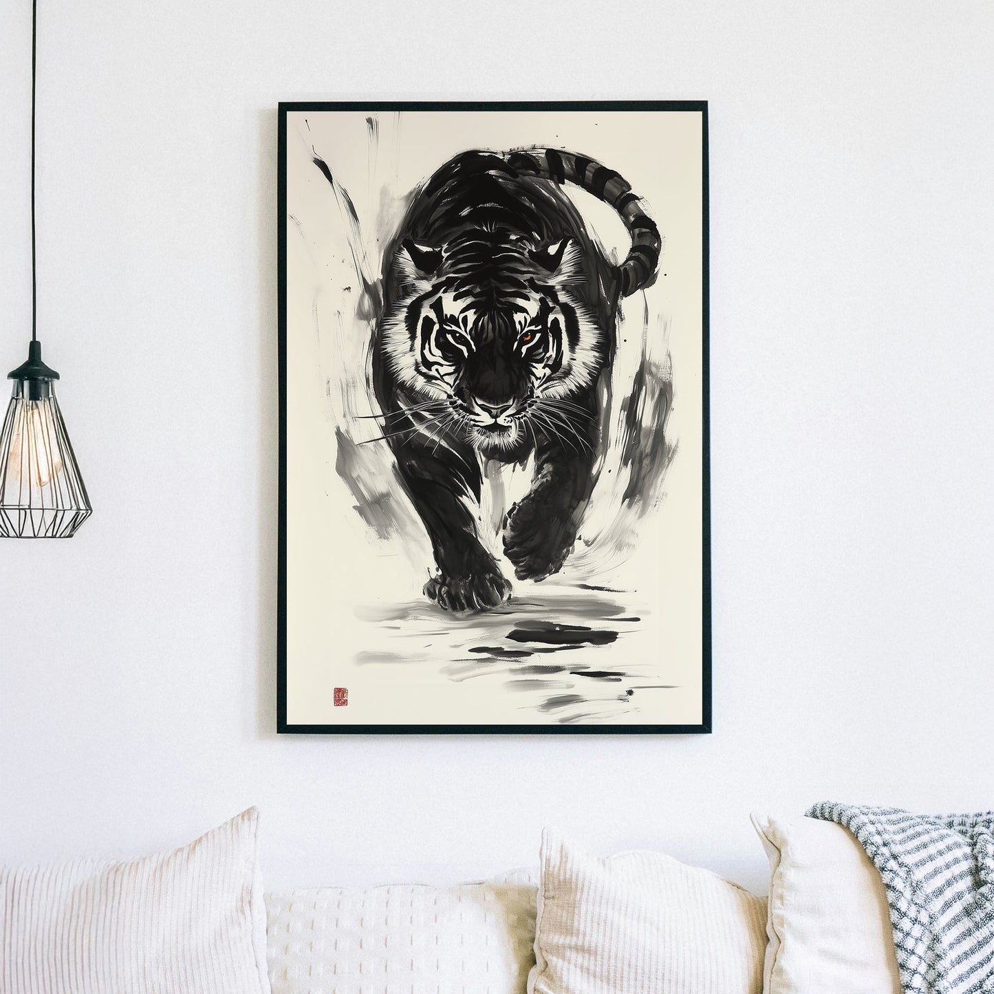 Chinese brush art of a black-and-white tiger in motion, with bold ink strokes and piercing amber eyes.