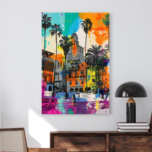 Graffiti-style artwork of Mediterranean buildings with bold neon splashes, towering palm trees, and a sunset-inspired colour palette.