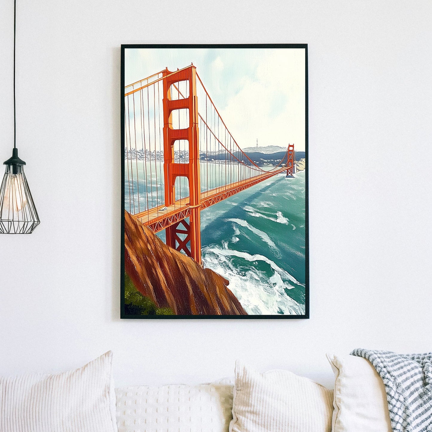 wall art-style artwork of the Golden Gate Bridge, featuring a vivid red suspension bridge over a deep blue ocean with the San Francisco skyline in the background.