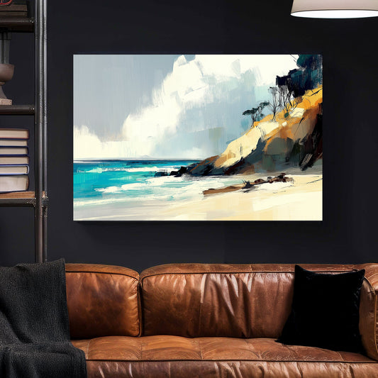 Abstract coastal landscape featuring golden cliffs, turquoise waves, and a serene sky with textured brushstrokes.