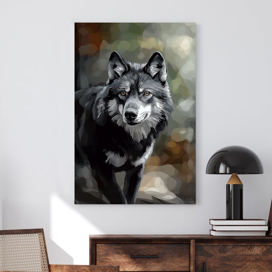 Stylized black and grey wolf portrait with piercing amber eyes, set against a soft, abstract forest background.