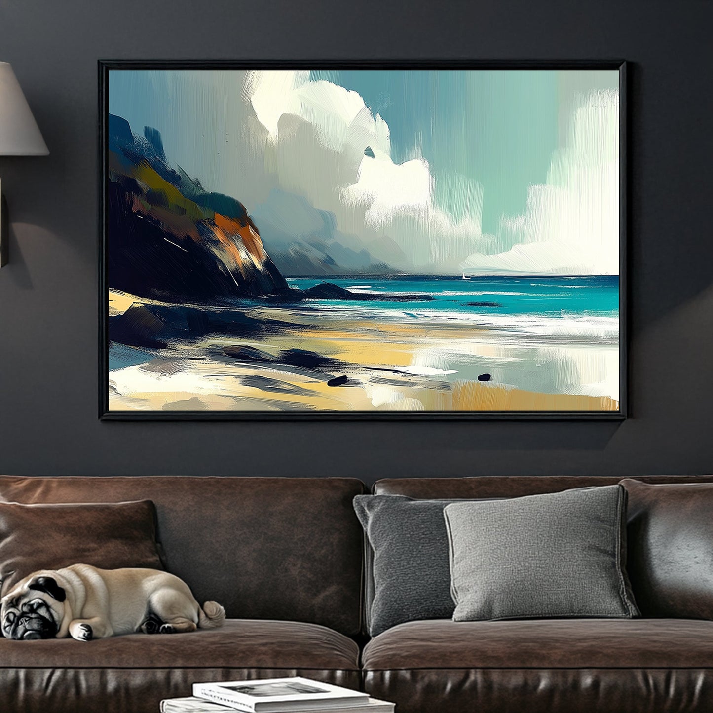 Impressionist coastal landscape wall art with cliffs, ocean waves, and golden sand under a soft, cloudy sky.