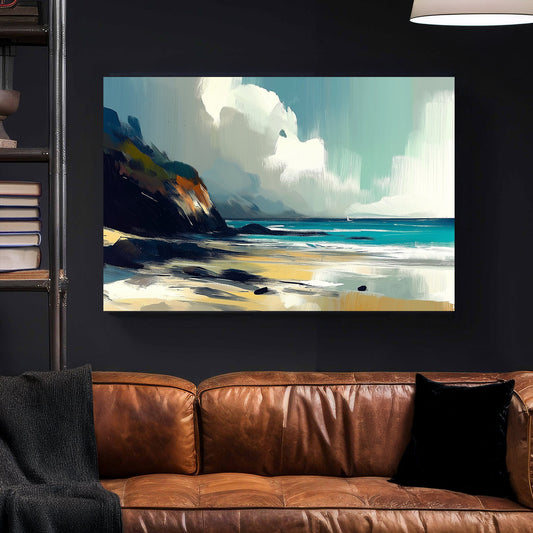Impressionist coastal landscape wall art with cliffs, ocean waves, and golden sand under a soft, cloudy sky.