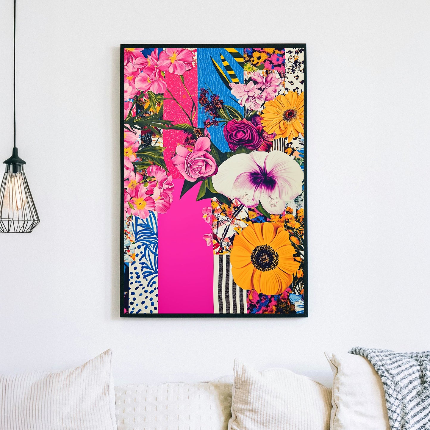 Bright floral mixed-media artwork with pink roses, yellow sunflowers, and bold patterns in an abstract composition.
