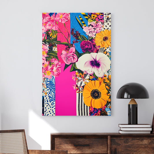 Bright floral mixed-media artwork with pink roses, yellow sunflowers, and bold patterns in an abstract composition.