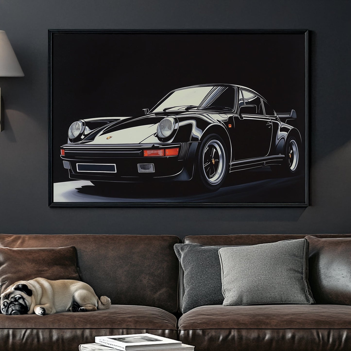 High-contrast digital wall art of a black Porsche 911 Turbo with sharp reflections against a dark background.