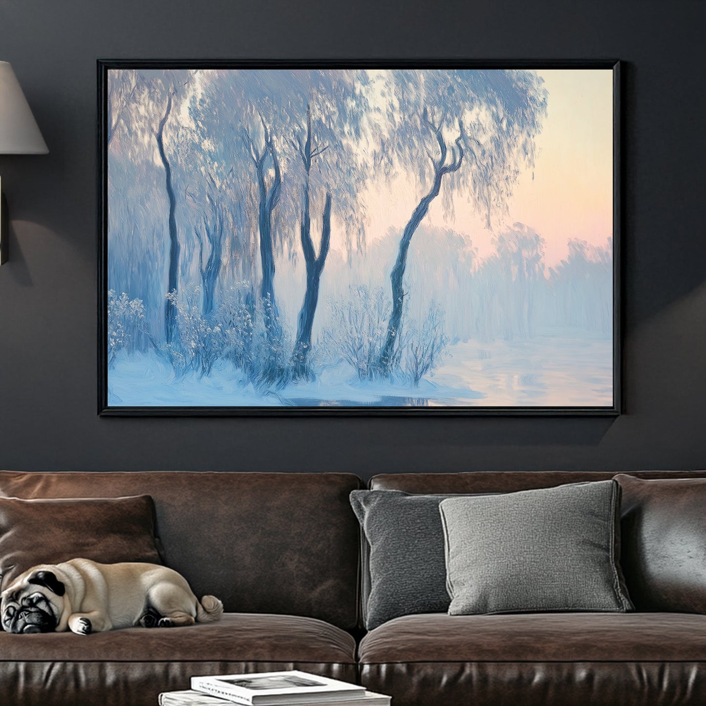 Impressionist wall art of a misty winter landscape with delicate blue trees reflecting over a calm body of water.