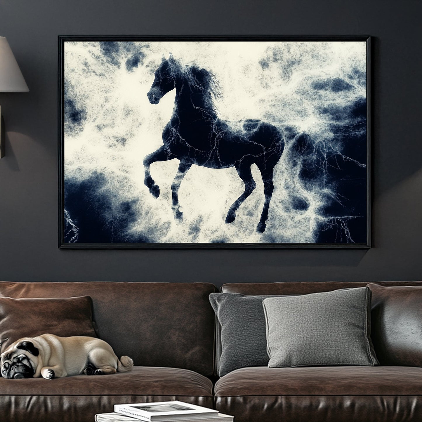 Black stallion rearing up in a storm of white lightning, dramatic contrast of dark and electric energy.