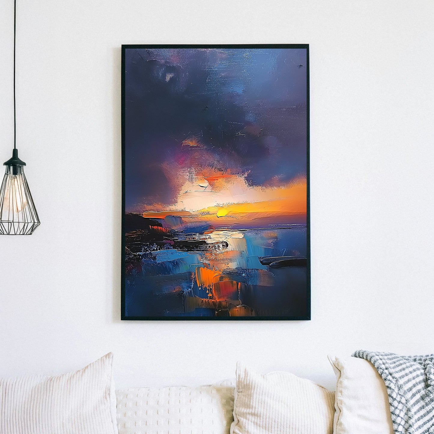 Textured oil wall art of a sunset over a coastal scene with deep blues, fiery oranges, and a moody twilight sky.