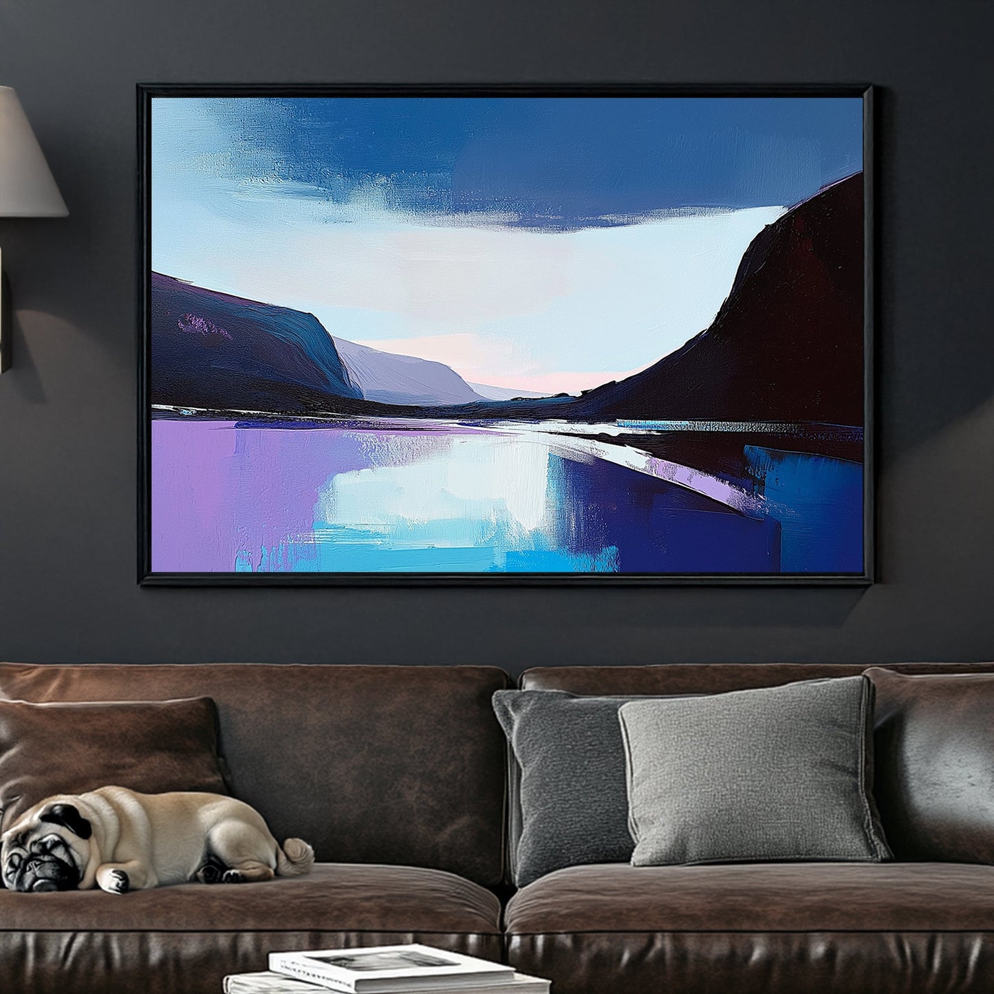 Abstract impressionist wall art of a twilight lake with deep blues, purples, and soft pastels reflecting on the water.