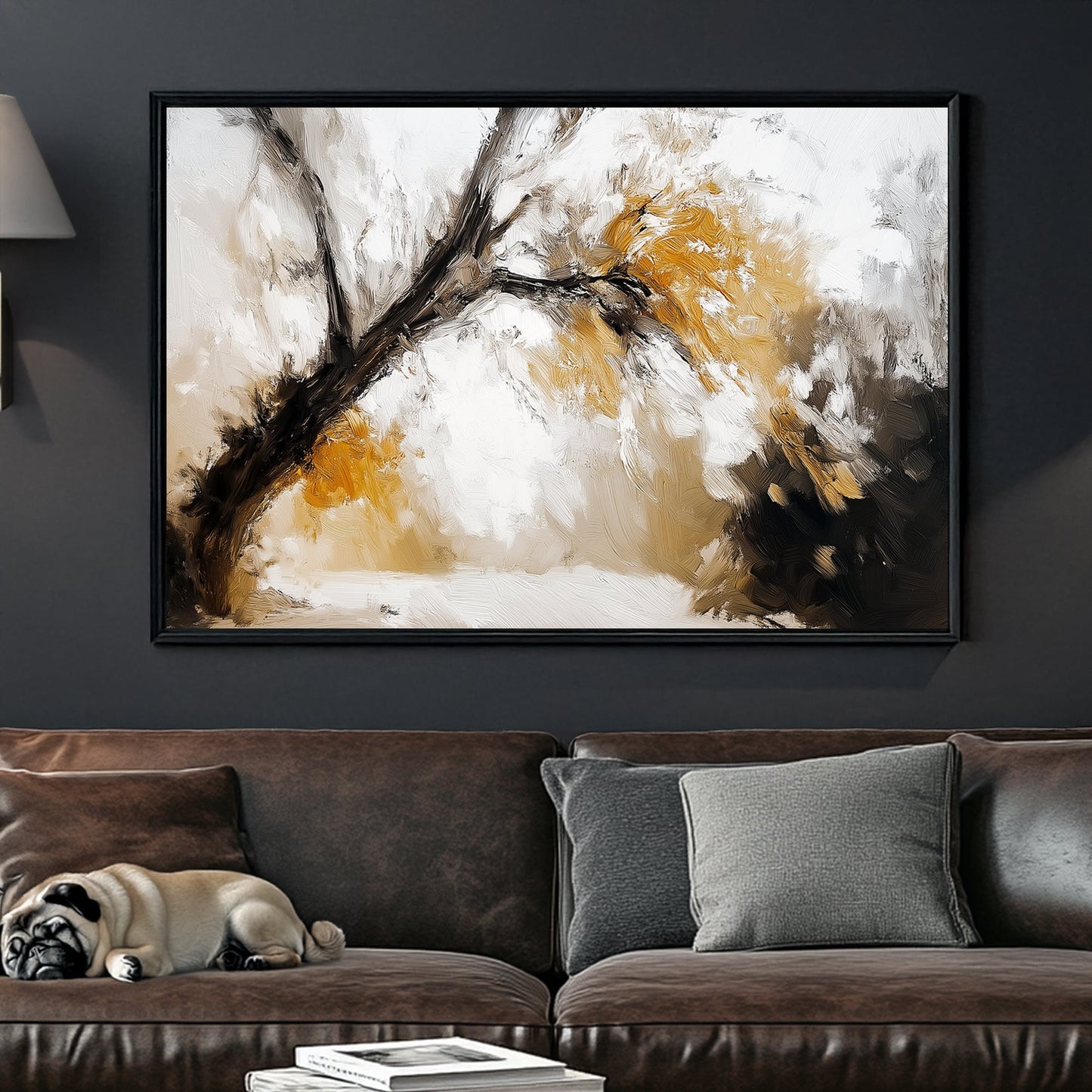 Impressionist-style wall art of a golden autumn tree with textured brushstrokes in warm earthy tones.