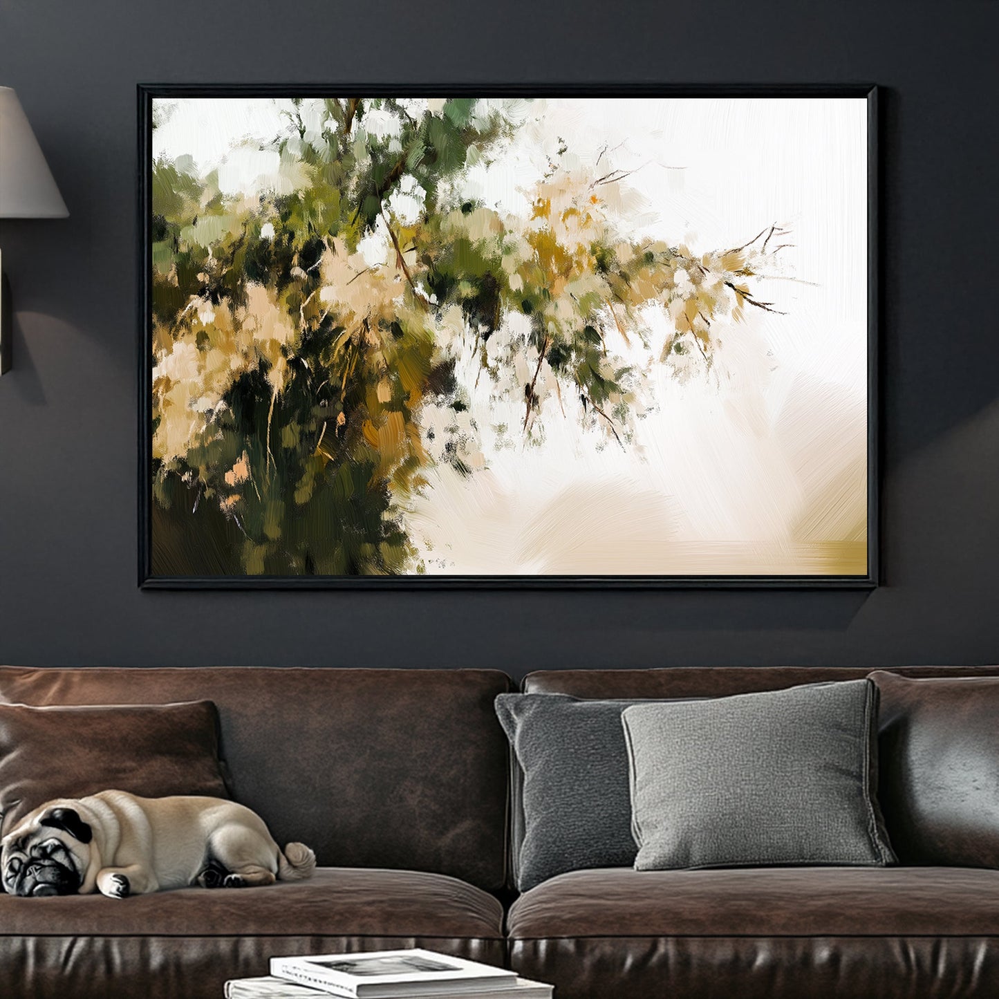 Impressionist wall art of green and gold foliage against a soft, neutral background, evoking a peaceful nature scene.
