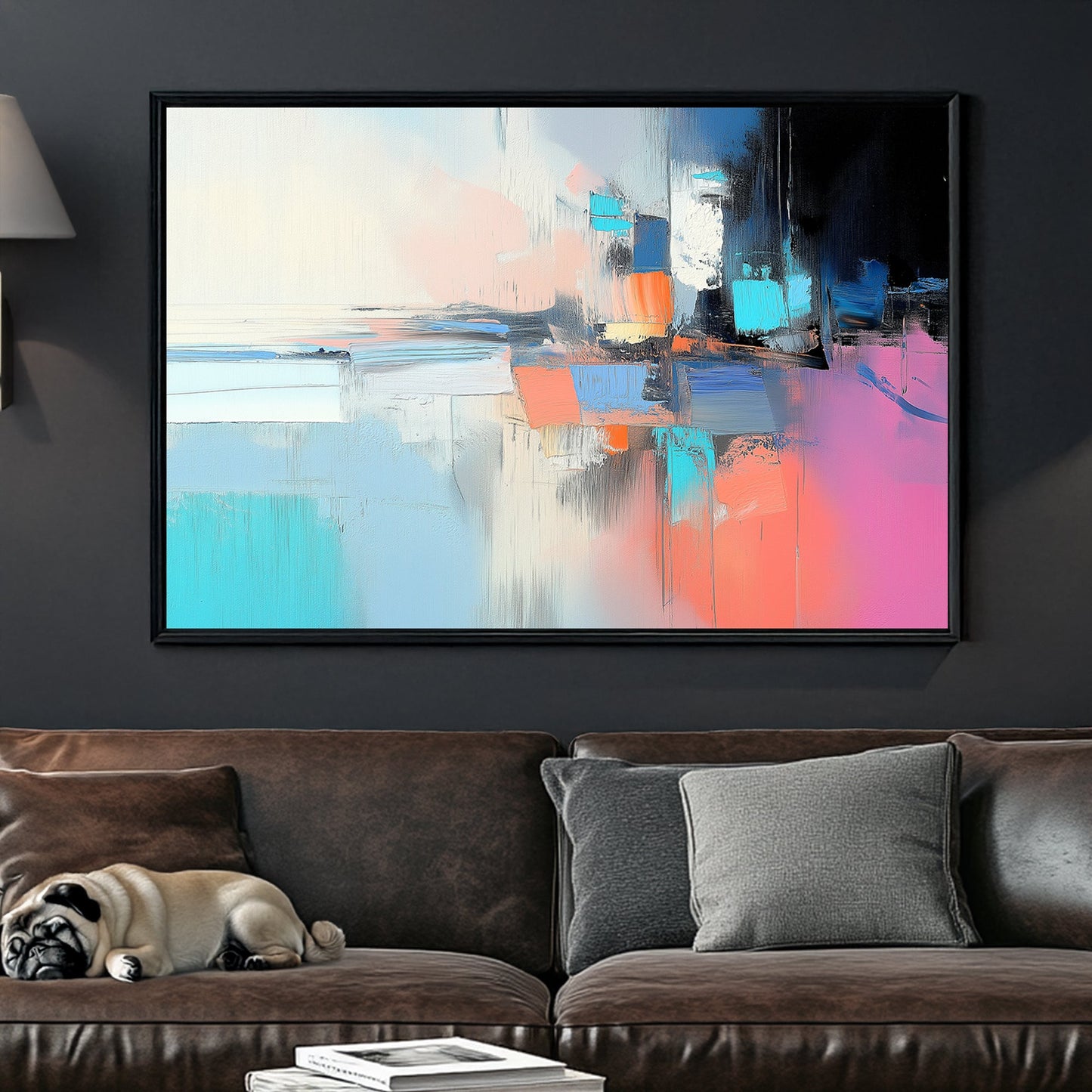 Abstract wall art with blue, orange, pink, and black hues, resembling a deconstructed cityscape with layered brushstrokes.