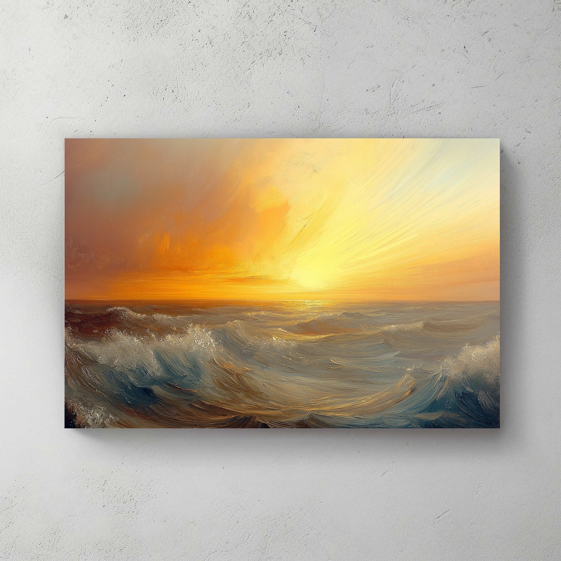 Vibrant oil wall art of a golden sunset over rolling ocean waves, blending warm and cool tones.
