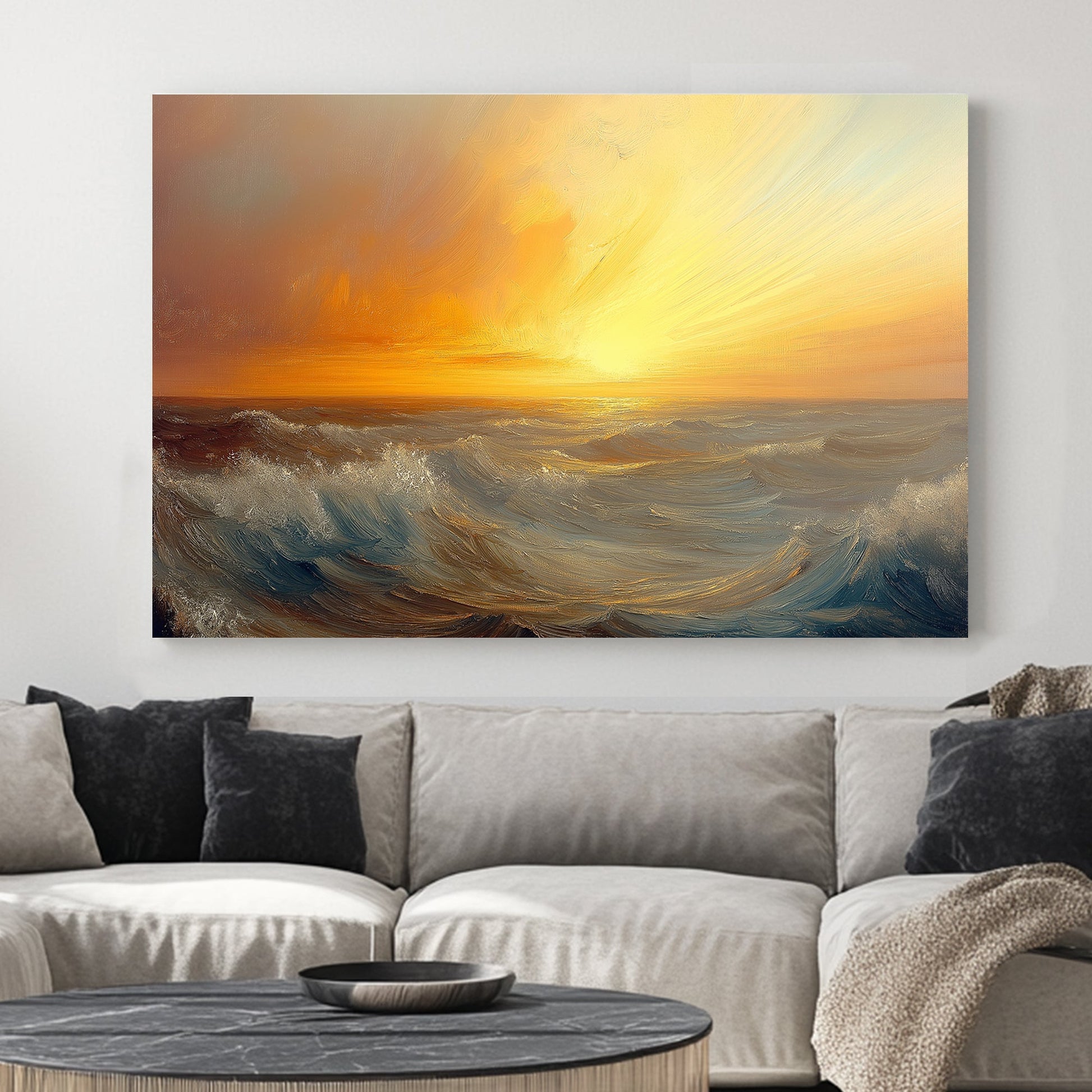 Vibrant oil wall art of a golden sunset over rolling ocean waves, blending warm and cool tones.