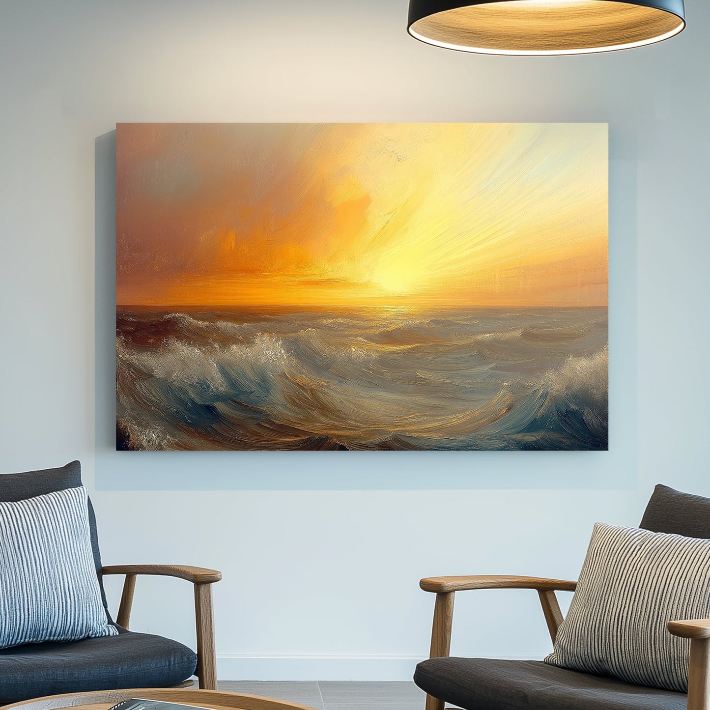 Vibrant oil wall art of a golden sunset over rolling ocean waves, blending warm and cool tones.