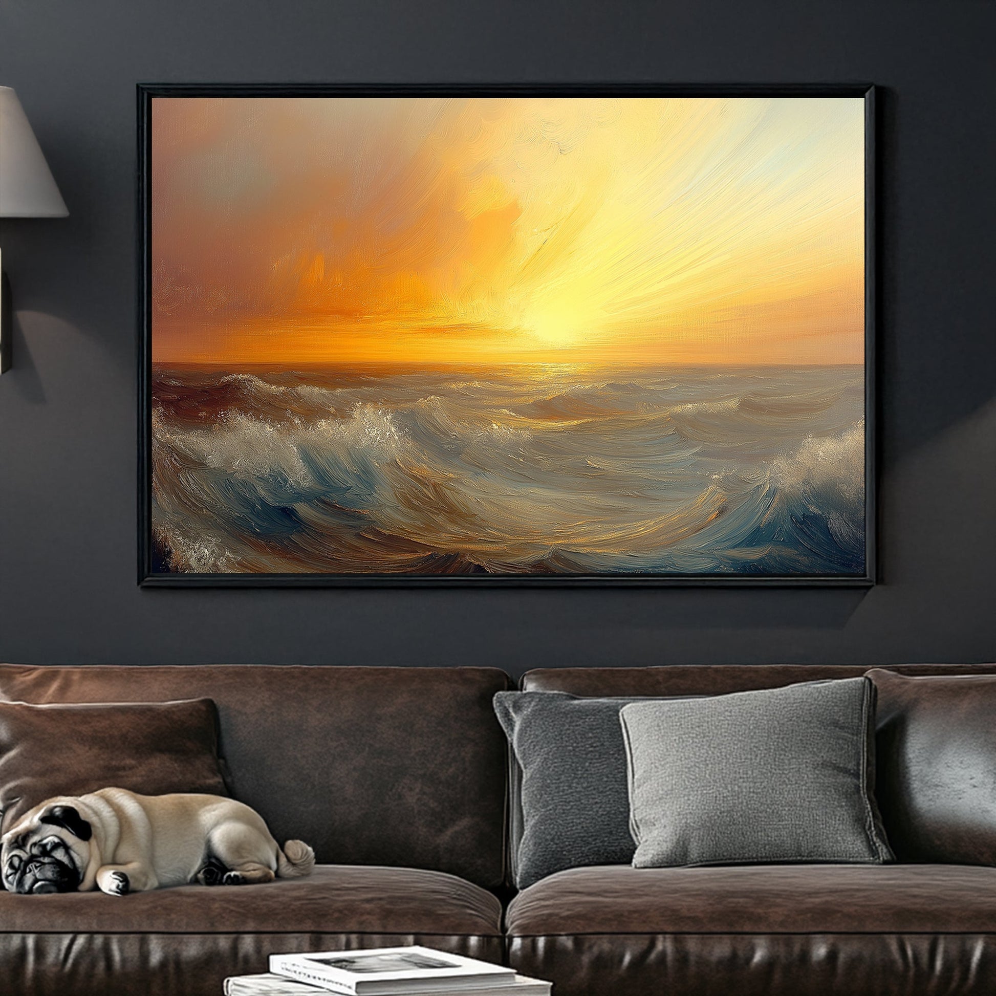 Vibrant oil wall art of a golden sunset over rolling ocean waves, blending warm and cool tones.