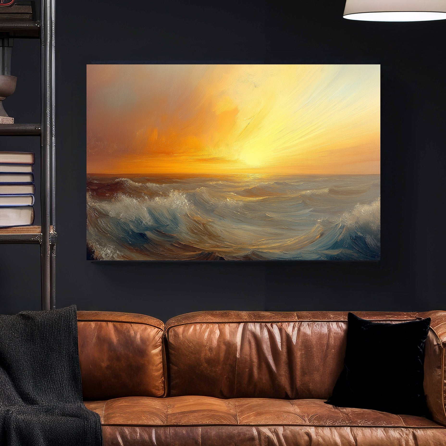 Vibrant oil wall art of a golden sunset over rolling ocean waves, blending warm and cool tones.