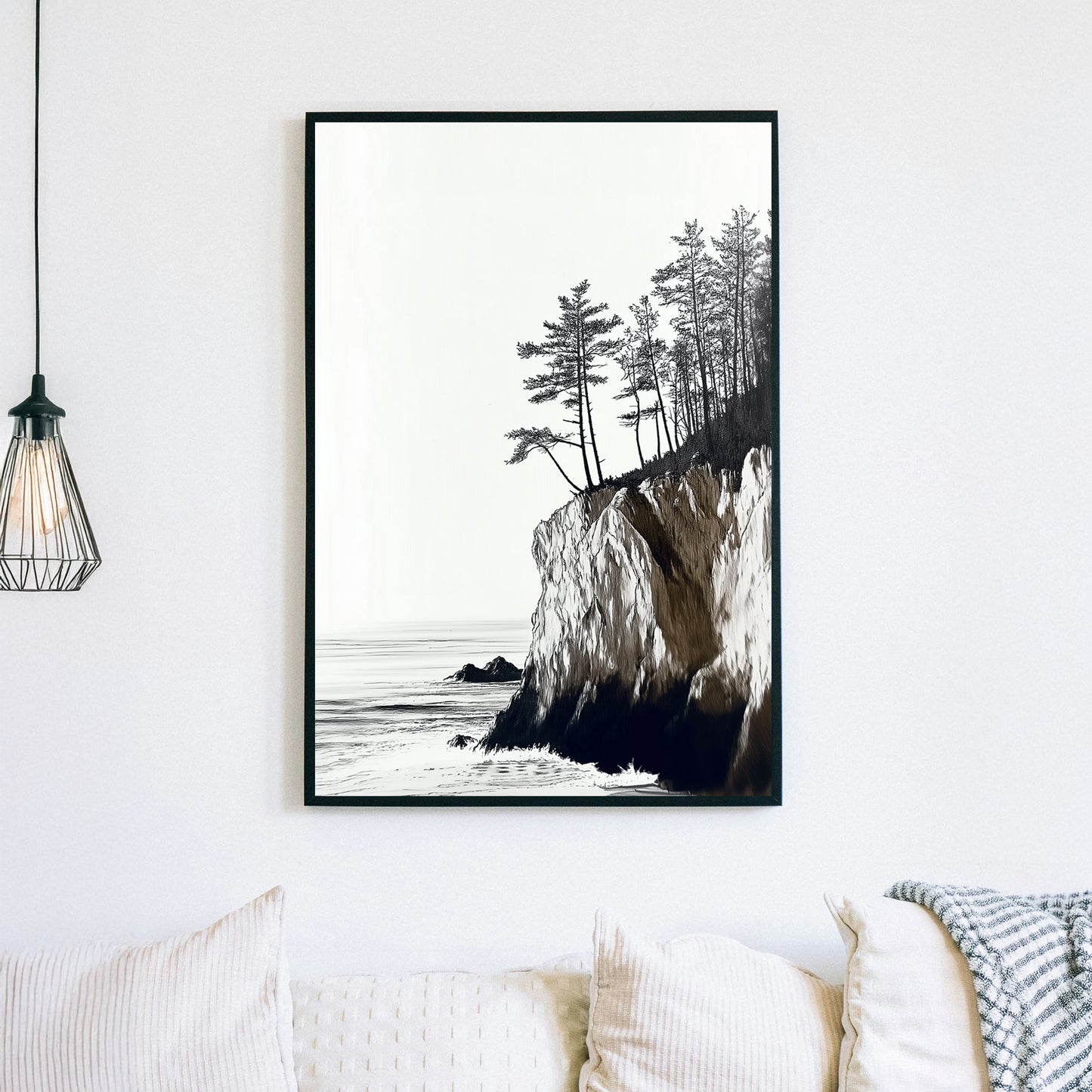 Monochrome coastal landscape featuring rugged cliffs, tall pines, and a serene ocean view.