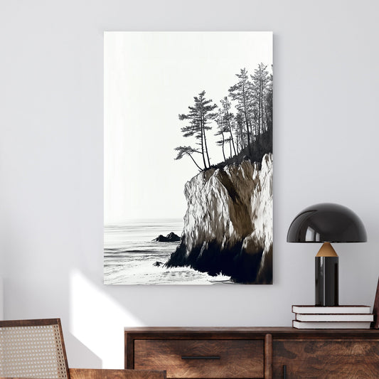Monochrome coastal landscape featuring rugged cliffs, tall pines, and a serene ocean view.