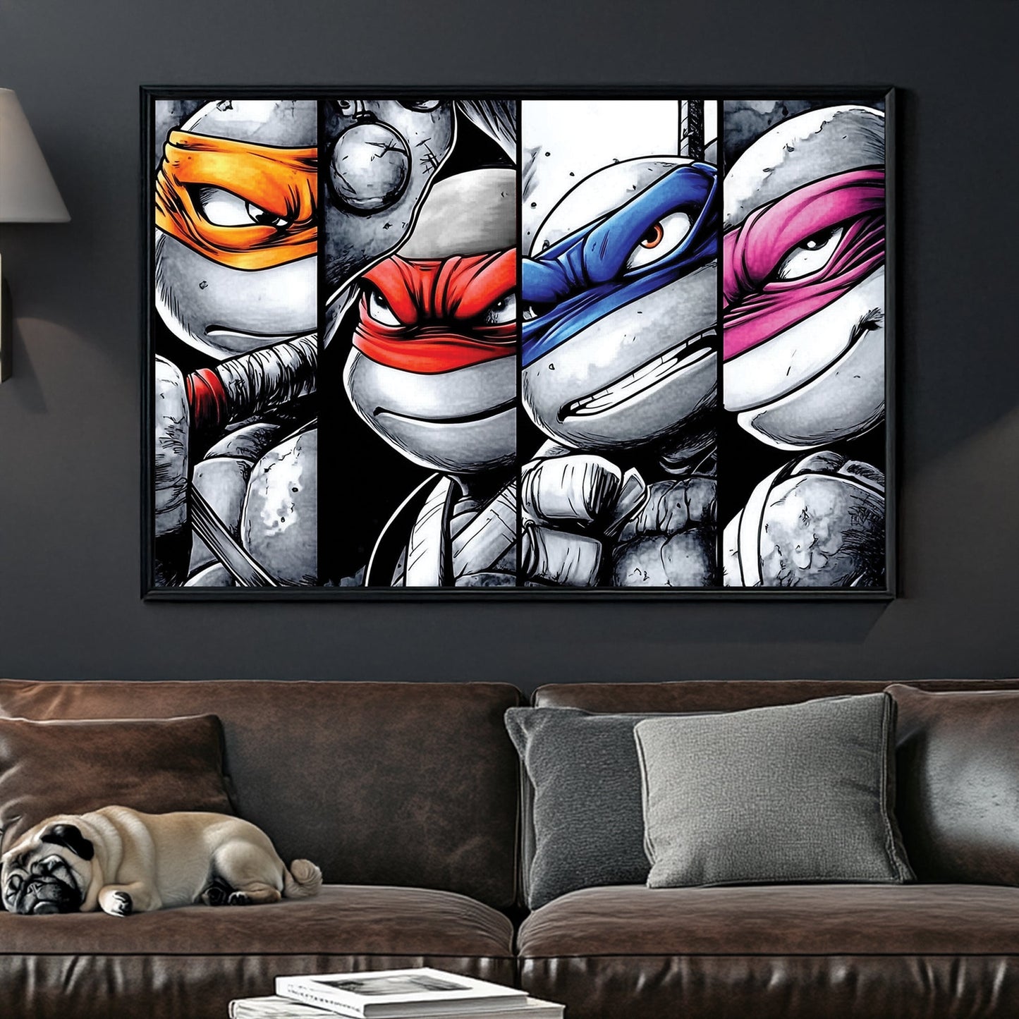 Black and white illustration of the four ninja turtles with vibrant red, blue, orange, and purple accents, intense expressions, and gritty texture.
