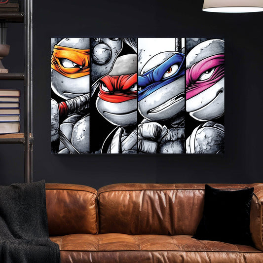 Black and white illustration of the four ninja turtles with vibrant red, blue, orange, and purple accents, intense expressions, and gritty texture.