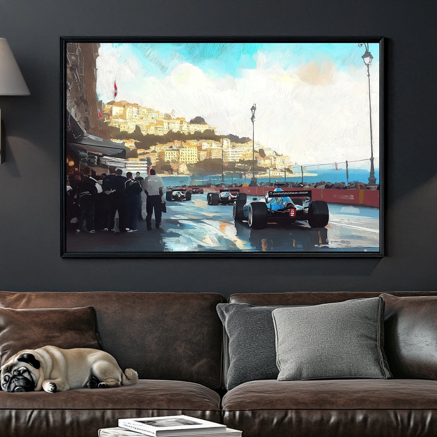 Monaco Grand Prix street race with Formula 1 cars speeding past the coastal cityscape, reflections on wet pavement, and a crowd watching in anticipation.