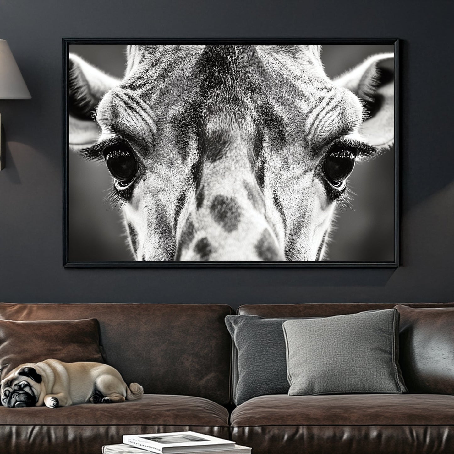 Black and white close-up portrait of a giraffe, focusing on its eyes and textured fur.