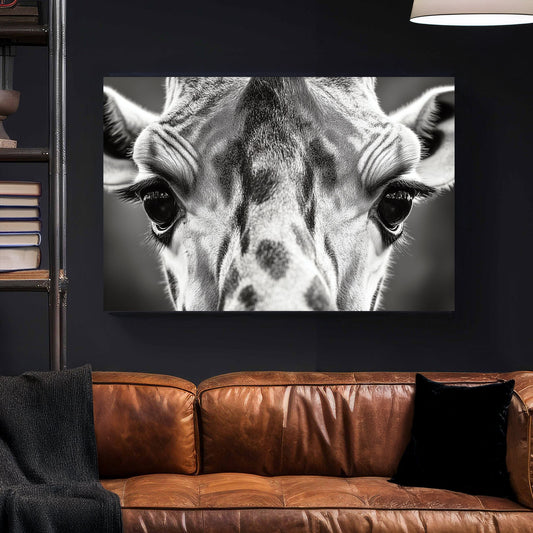 Black and white close-up portrait of a giraffe, focusing on its eyes and textured fur.