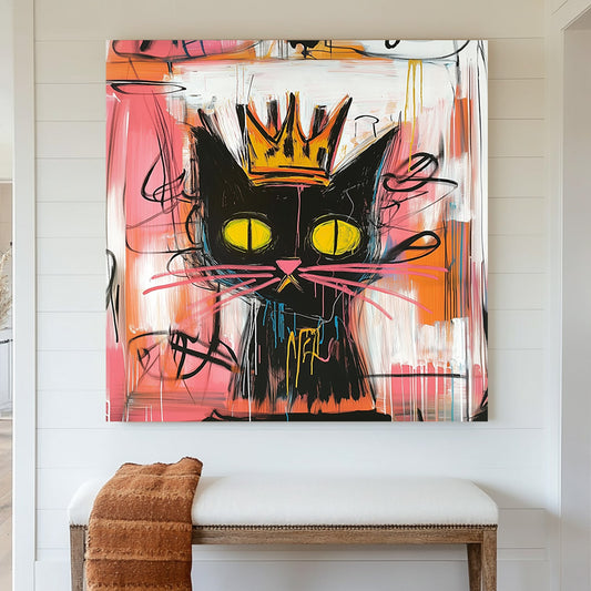 Abstract graffiti-style black cat with a golden crown and neon yellow eyes on a colourful background.
